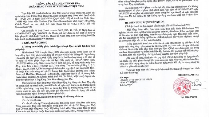 Thanh tra NHNN y&ecirc;u cầu Shinhan Bank Việt Nam b&aacute;o c&aacute;o, giải tr&igrave;nh v&agrave; khẩn trương đề ra c&aacute;c biện ph&aacute;p khắc phục.