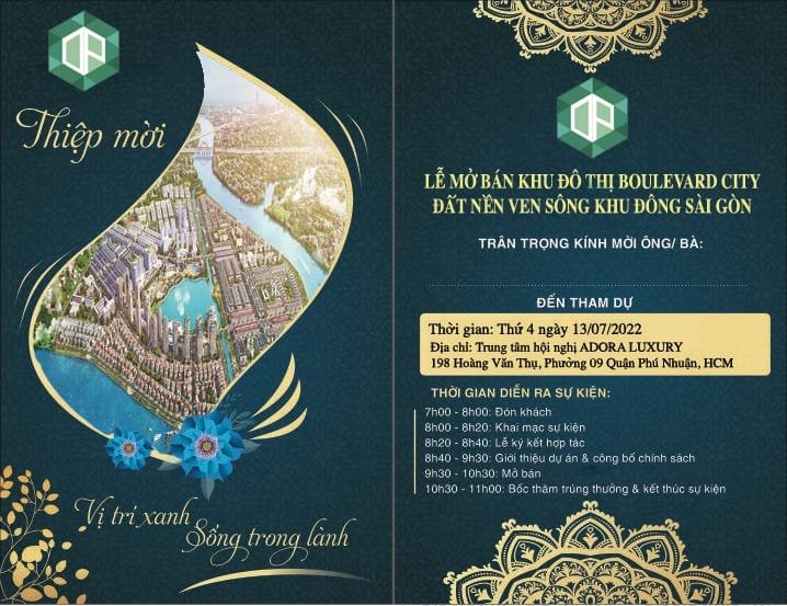 Thiệp mời "Lễ mở b&aacute;n Khu đ&ocirc; thị Boulevard City" sử dụng logo v&agrave; h&igrave;nh ảnh dự &aacute;n Van Phuc City tr&aacute; h&igrave;nh.