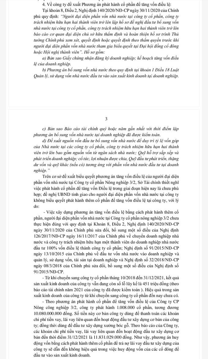 Nội dung tham mưu gửi UBND tỉnh Nghệ An về việc kh&ocirc;ng đồng &yacute; ph&aacute;t h&agrave;nh th&ecirc;m cổ phần để tăng vốn điều lệ của C&ocirc;ng ty cổ phần N&ocirc;ng c&ocirc;ng nghiệp 3/2.