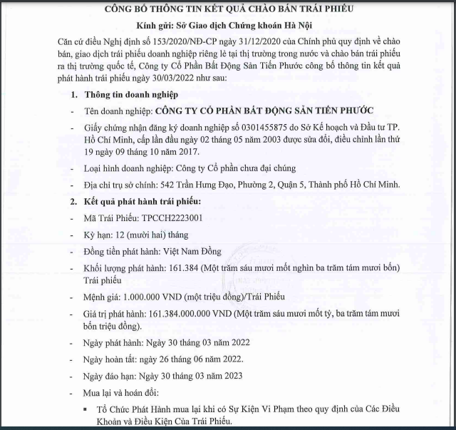 Th&ocirc;ng tin l&ocirc; tr&aacute;i phiếu của Bất động sản Tiến Phước.