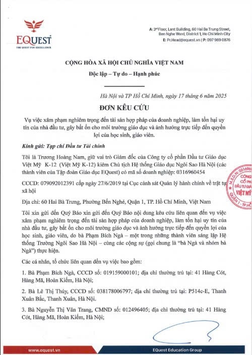 Đơn k&ecirc;u cứu của &ocirc;ng Trương Ho&agrave;ng Nam, Gi&aacute;m đốc của C&ocirc;ng ty cổ phần Đầu tư Gi&aacute;o dục Việt Mỹ K-12 gửi đến VietnamFinance.