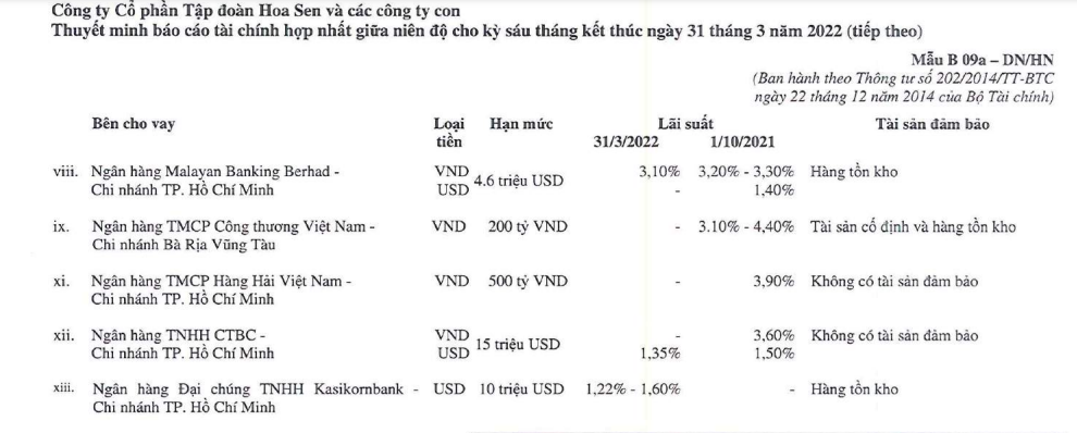 Điều khoản v&agrave; điều kiện của c&aacute;c khoản vay ngắn hạn tại Tập đo&agrave;n Hoa Sen. (Nguồn: B&aacute;o c&aacute;o t&agrave;i ch&iacute;nh Hợp nhất So&aacute;t x&eacute;t 6 th&aacute;ng đầu năm 2022)