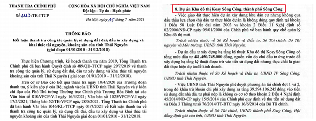 Thanh tra Ch&iacute;nh phủ chỉ ra sai phạm tại dự &aacute;n KĐT Kosy S&ocirc;ng C&ocirc;ng do Tập đo&agrave;n Kosy l&agrave;m chủ đầu tư.