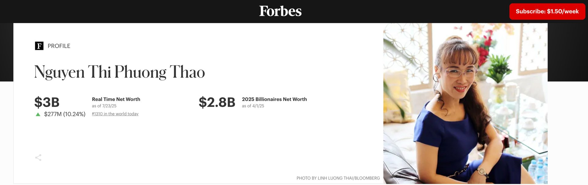 B&agrave; Nguyễn Thị Phương Thảo xếp thứ 1.310&nbsp;trong danh s&aacute;ch những người gi&agrave;u nhất thế giới của Forbes