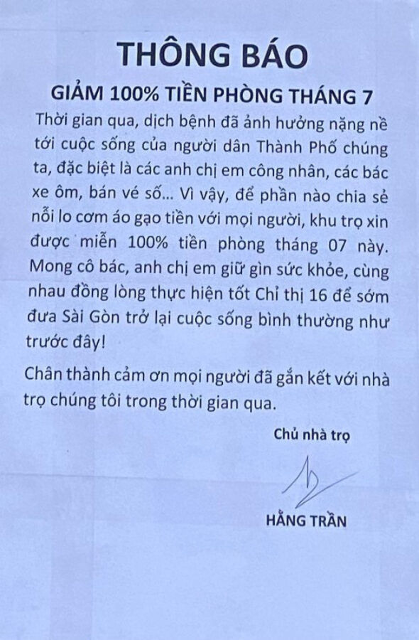 Th&ocirc;ng b&aacute;o miễn ph&iacute; tiền ph&ograve;ng th&aacute;ng 7 của chủ trọ Hằng Trần.