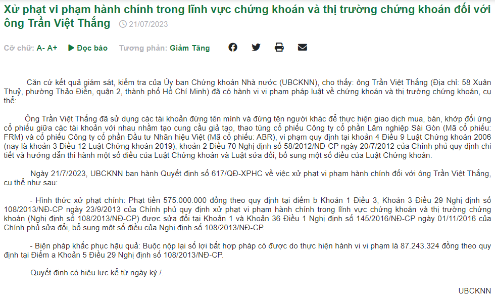 Quyết định xử phạt h&agrave;nh ch&iacute;nh &ocirc;ng Trần Việt Thắng. Nguồn: SSC