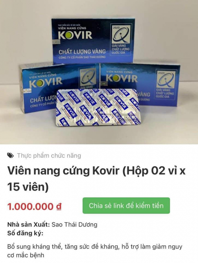 Một sản phẩm nằm trong danh s&aacute;ch được Bộ Y tế c&ocirc;ng bố c&oacute; t&aacute;c dụng ph&ograve;ng v&agrave; hỗ trợ điều trị COVID-19 (Ảnh FB)