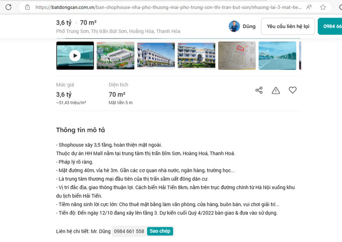 Tin rao chuyển nhượng lại 3 căn Shophouse tại dự &aacute;n HH Mall Hoằng H&oacute;a, được đăng tải từ 13/10/2022. (ảnh chụp m&agrave;n h&igrave;nh)