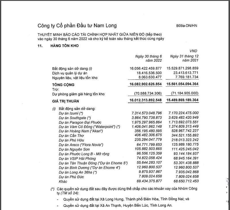 Danh mục tồn kho của Đầu tư Nam Long.