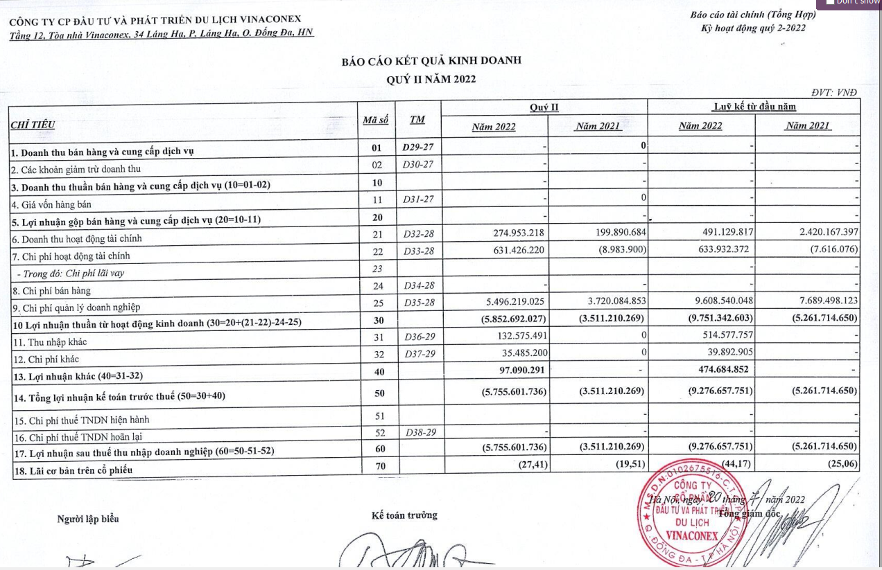 Vinaconex ITC kh&ocirc;ng c&oacute; doanh thu trong 6 th&aacute;ng đầu năm.
