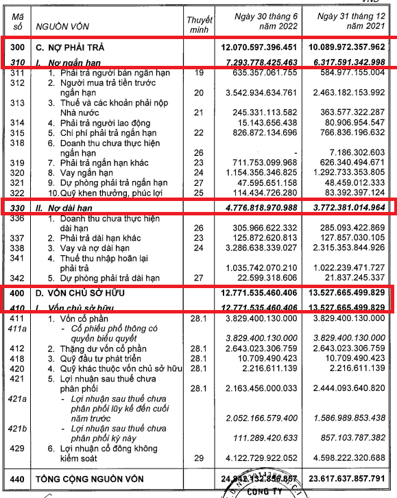 Nợ phải trả của Đầu tư Nam Long tăng mạnh trong khi vốn chủ sở hữu giảm.