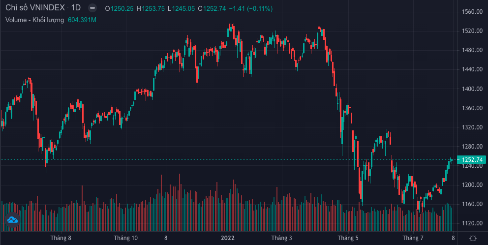 VN-Index dừng ở mốc 1.252 điểm, tăng 46,4 điểm, tương đương mức tăng 3,85% so với cuối tuần trước. (Ảnh: FireAnt)