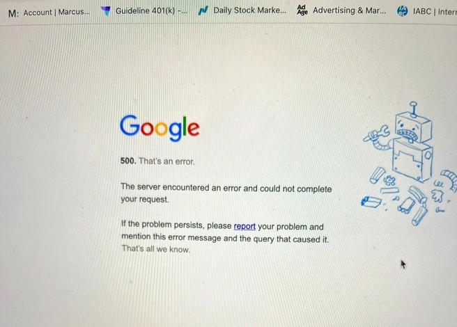 Google Search&nbsp;kh&ocirc;ng hiển thị kết quả t&igrave;m kiếm m&agrave; chỉ b&aacute;o lỗi. Ảnh:&nbsp;Twitter