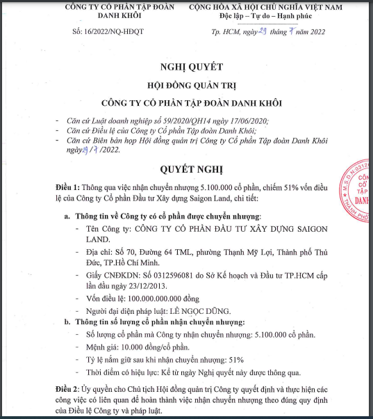 Danh Kh&ocirc;i cũng th&ocirc;ng qua việc nhận chuyển nhượng 51% vốn điều lệ Saigon Land.