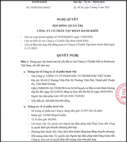 Tập đo&agrave;n Danh Kh&ocirc;i th&ocirc;ng qua nghị quyết tho&aacute;i to&agrave;n bộ vốn tại CTCP Đầu tư Benhouse Việt Nam.