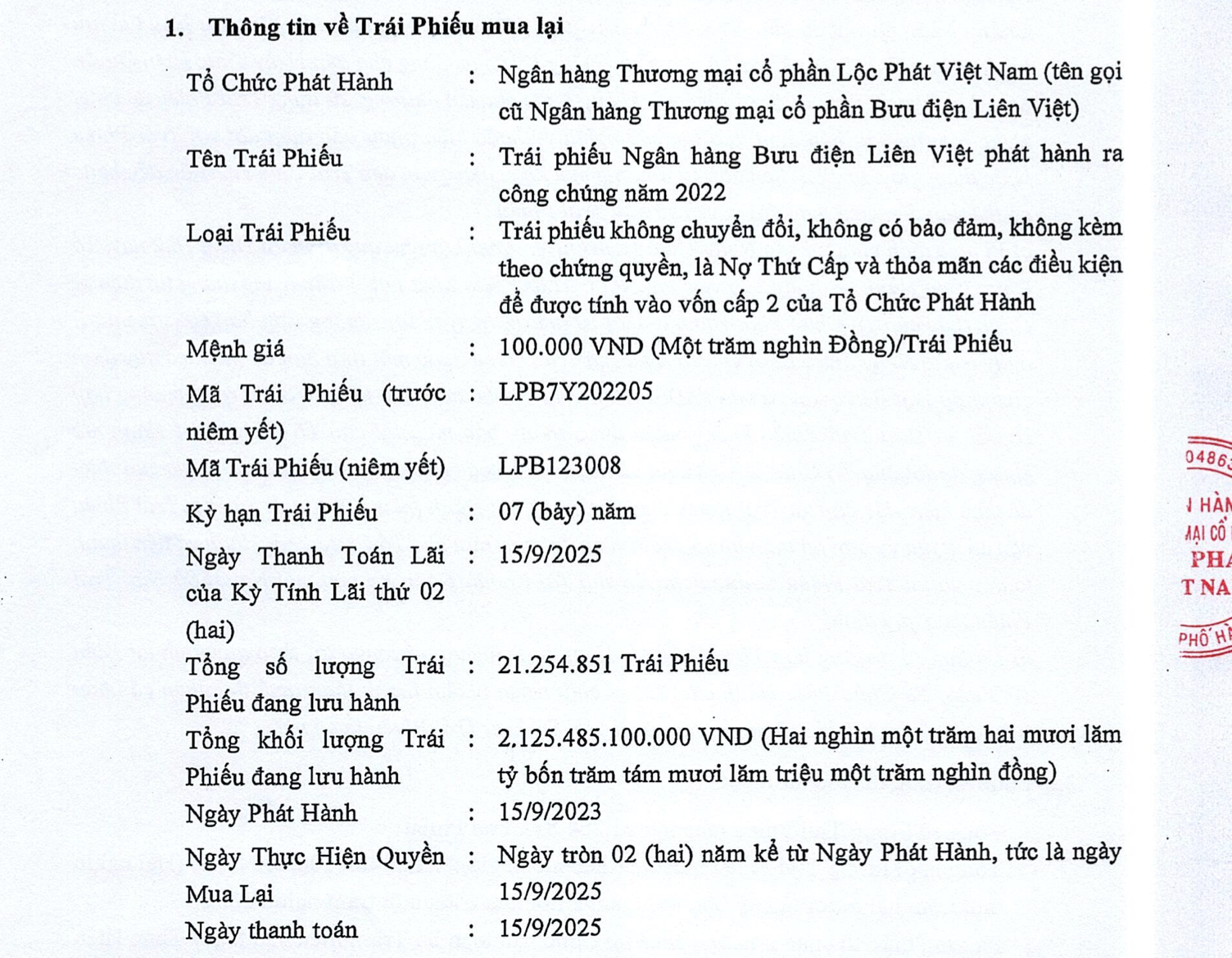 Th&ocirc;ng tin tr&aacute;i phiếu LPBank mua lại trước hạn.