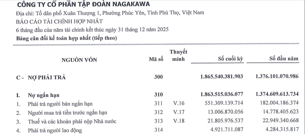 Nợ phải trả của Tập đo&agrave;n Nagakawa đến cuối qu&yacute; II/2025 ghi nhận hơn 1.865,5 tỷ đồng.