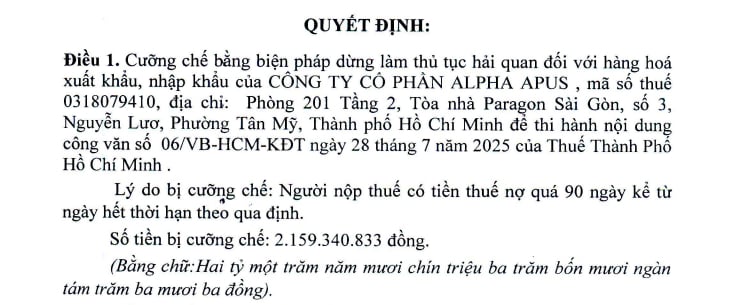Quyết định của cơ quan thuế đối với&nbsp;C&ocirc;ng ty cổ phần Alpha Apus.