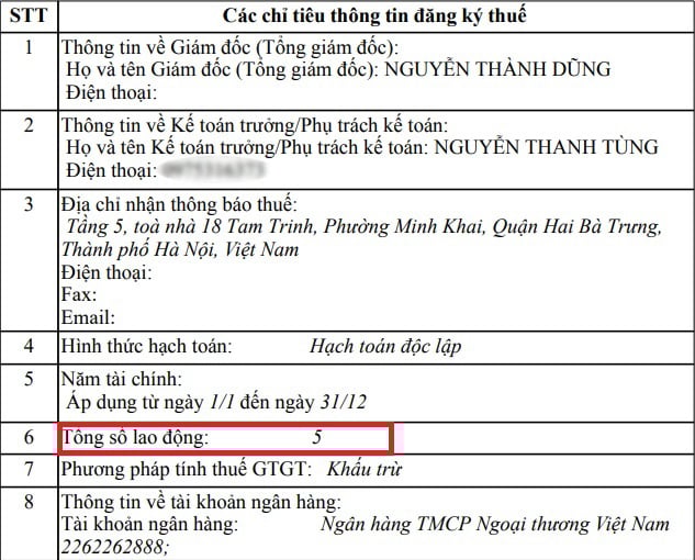 Thi&ecirc;n Kh&ocirc;i Group đăng k&yacute; thuế 5 lao động.
