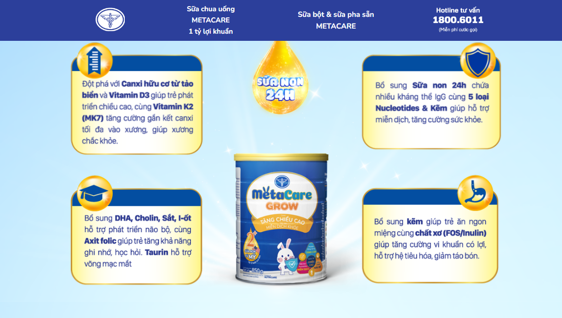 D&ograve;ng sữa Meta Care Grow 0+, 1+, 2+ được giới thiệu gi&uacute;p trẻ tăng chiều cao, miễn dịch khỏe. Ảnh chụp m&agrave;n h&igrave;nh