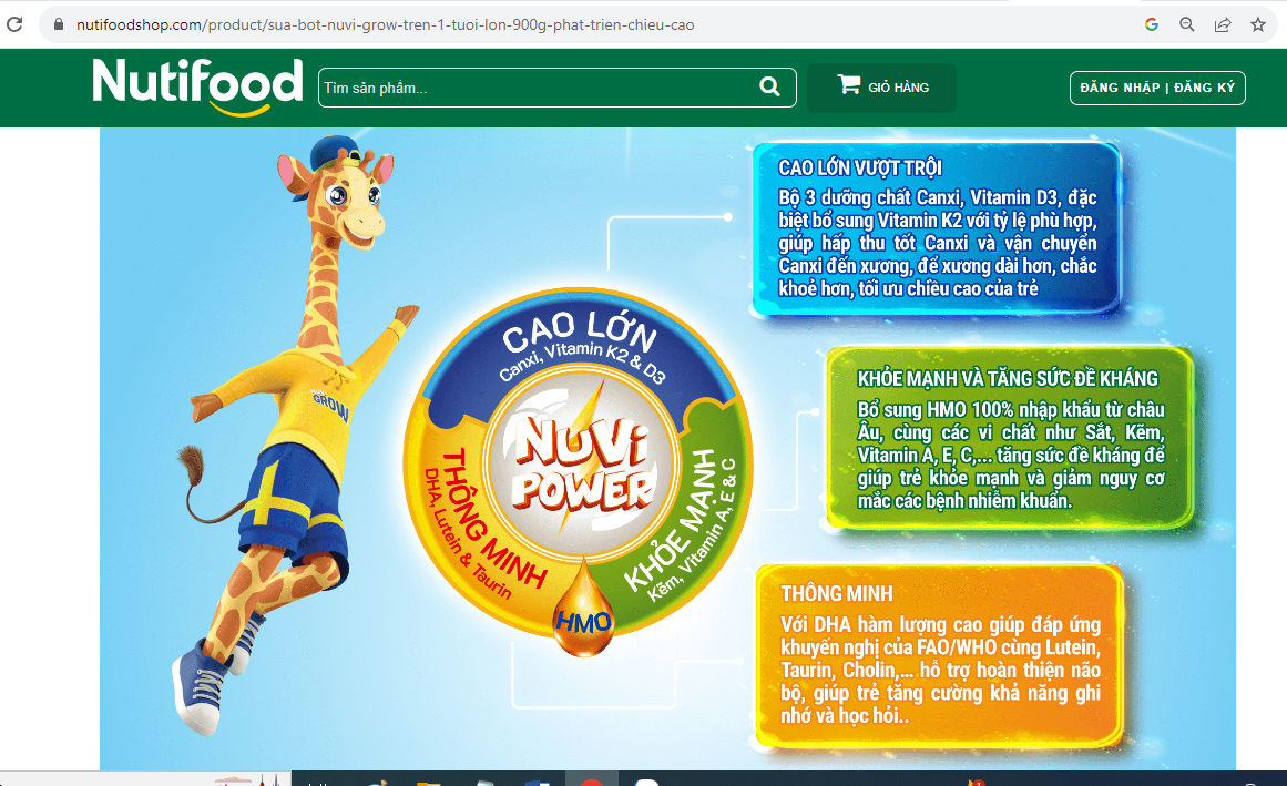 Sản phẩm được tiếp thị gi&uacute;p trẻ cao lớn vượt trội, th&ocirc;ng minh. Ảnh chụp m&agrave;n h&igrave;nh