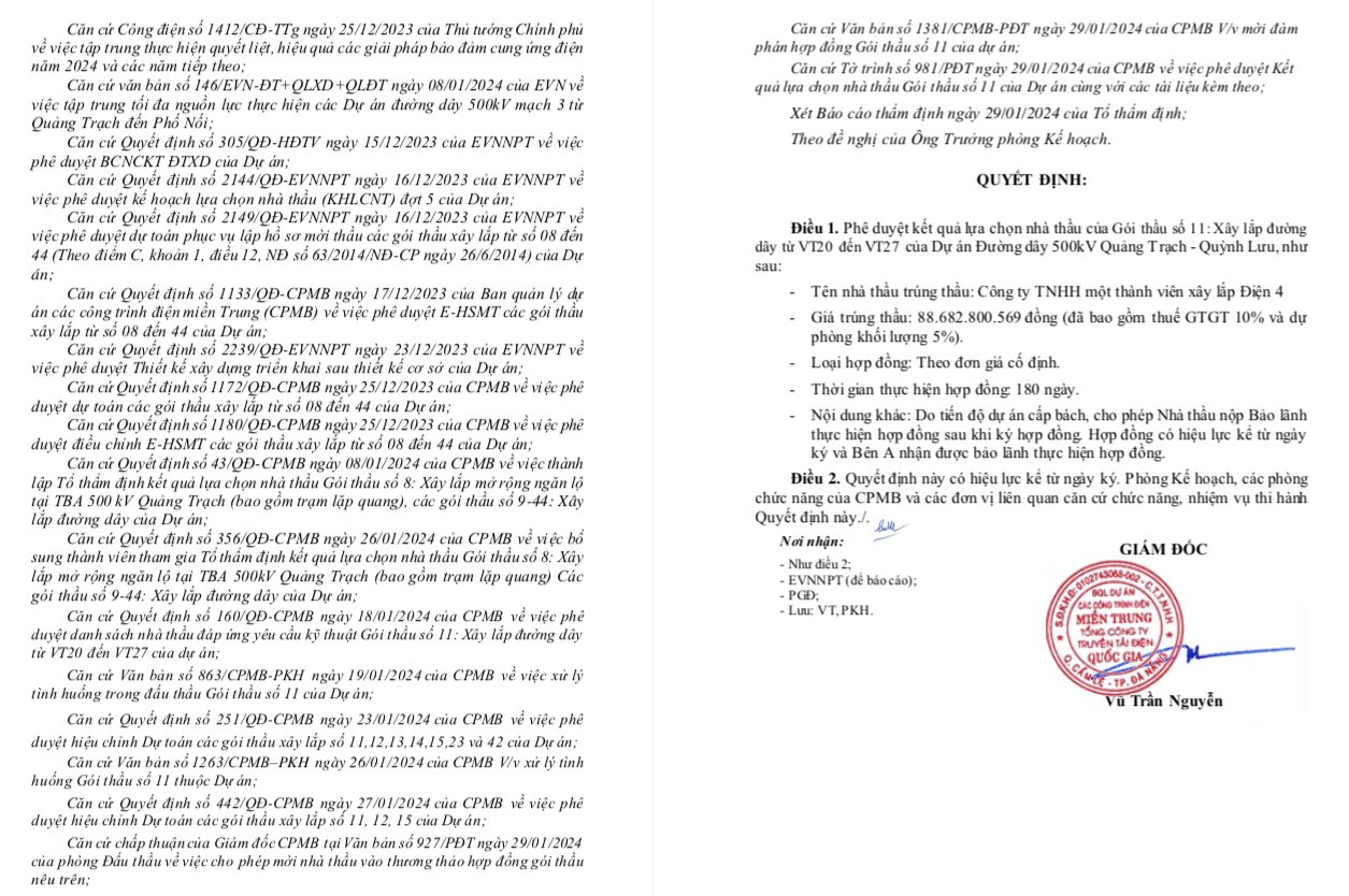 Quyết định lựa chọn nh&agrave; thầu do Gi&aacute;m đốc Ban QLDA c&aacute;c c&ocirc;ng tr&igrave;nh điện Miền Trung, Tổng c&ocirc;ng ty truyền tải điện Quốc gia Vũ Trần Nguyễn k&yacute;