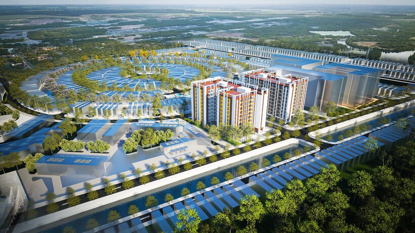 Phối cảnh c&ocirc;ng tr&igrave;nh nh&agrave; ở x&atilde; hội đặt trong tổng thể Khu đ&ocirc; thị T&amp;T C&agrave; Mau