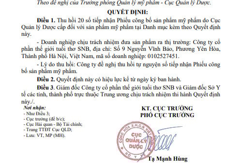 Thu hồi 20 phiếu c&ocirc;ng bố tiếp nhận sản phẩm mỹ phẩm của C&ocirc;ng ty SNB.