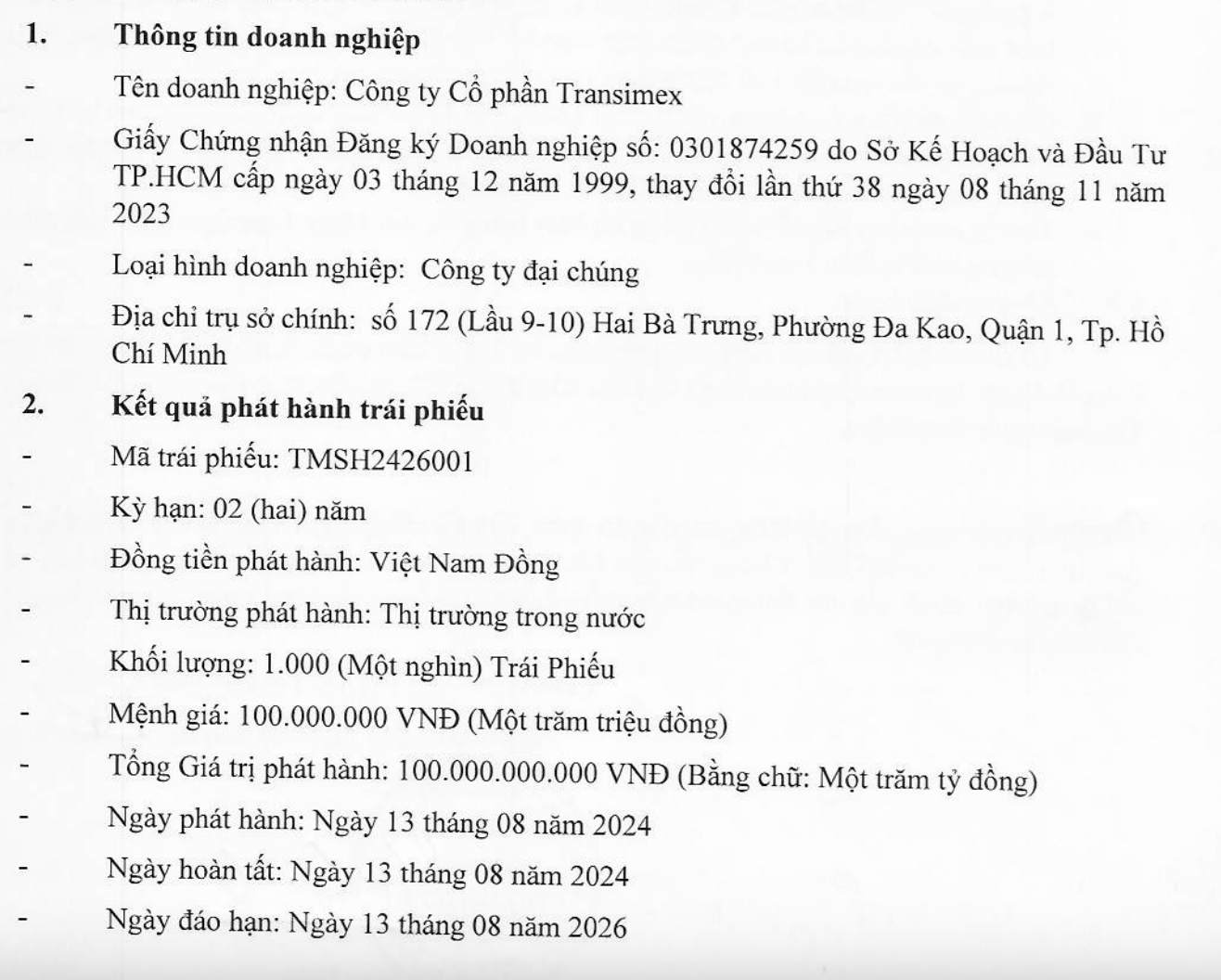 L&ocirc; tr&aacute;i phiếu TMSH2426001 được ph&aacute;t h&agrave;nh tại thị trường trong nước