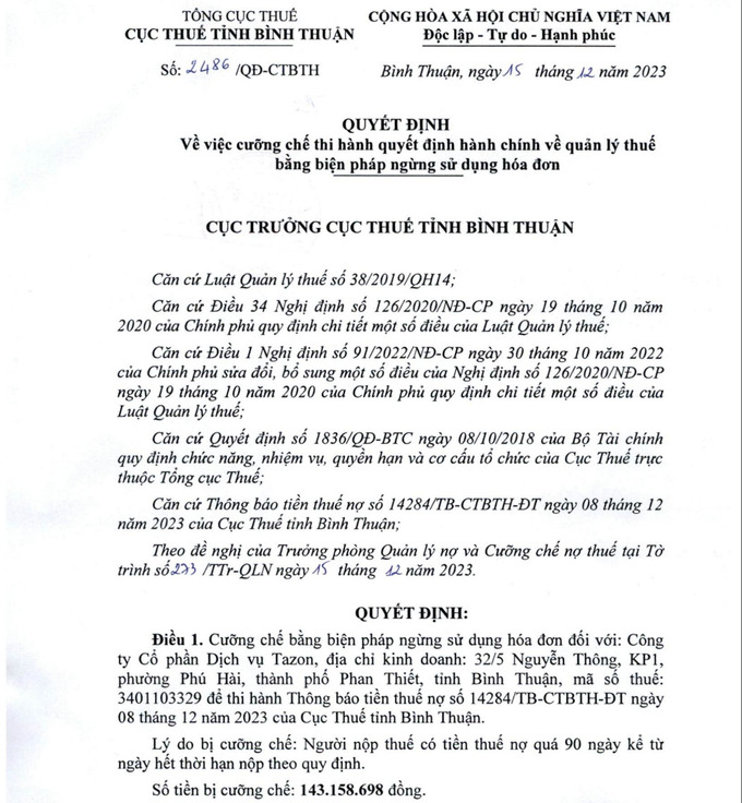 Quyết định cưỡng chế thuế đối với C&ocirc;ng ty Cổ phần Dịch vụ Tazon.