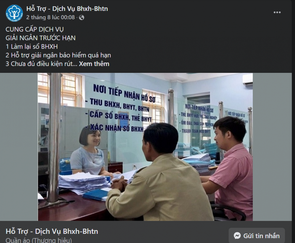 Trang Facebook được cho l&agrave; mạo danh cơ quan Bảo hiểm x&atilde; hội để chiếm đoạt t&agrave;i sản của người d&acirc;n.&nbsp;