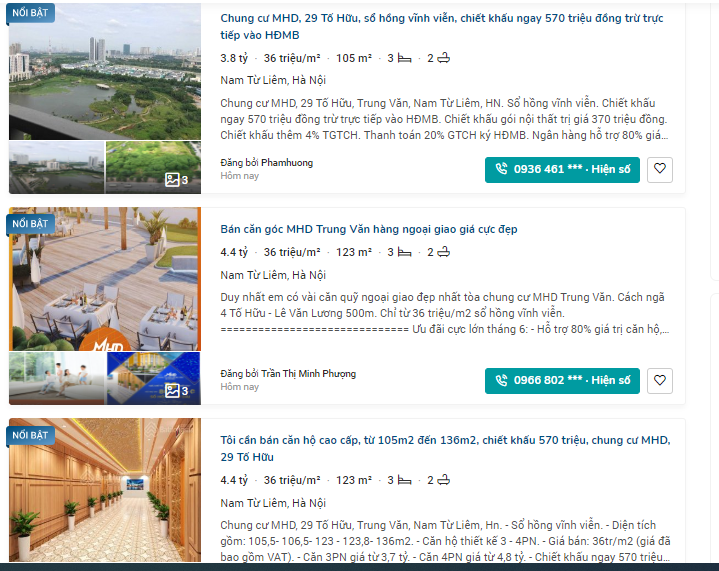 Dự &aacute;n MHD Trung Văn đang được rao b&aacute;n với mức gi&aacute; trung b&igrave;nh 36 triệu đồng/m2.