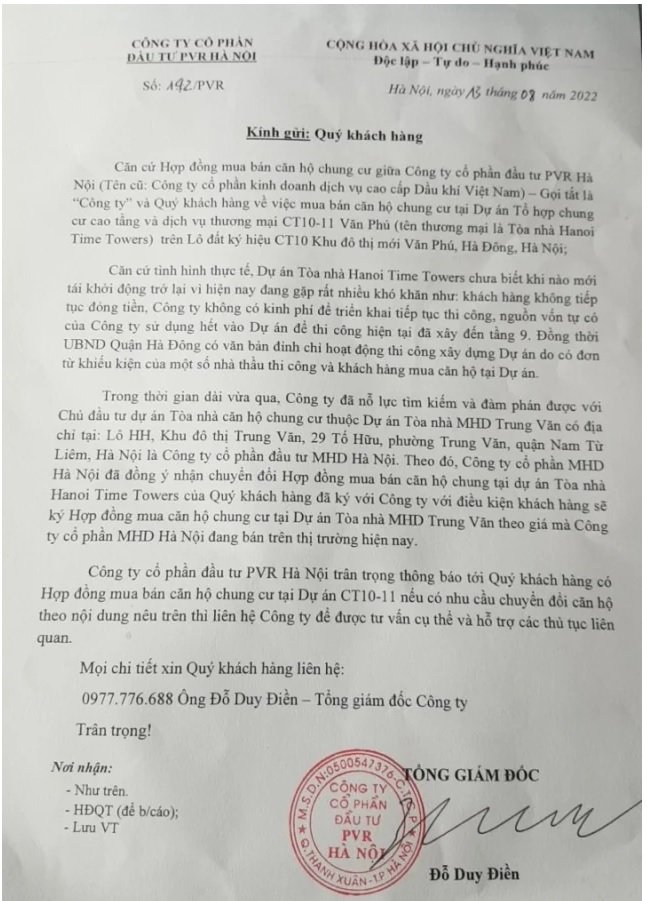 C&ocirc;ng văn chủ đầu tư dự &aacute;n Hanoi Time Towers gửi kh&aacute;ch h&agrave;ng.