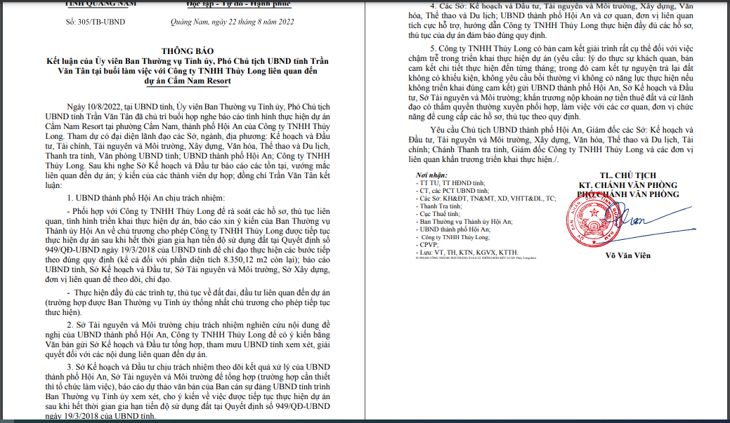 Th&ocirc;ng b&aacute;o kết luận của Ph&oacute; chủ tịch UBND tỉnh Quảng Nam tại buổi l&agrave;m việc với chủ đầu tư dự &aacute;n Cẩm Nam Resort