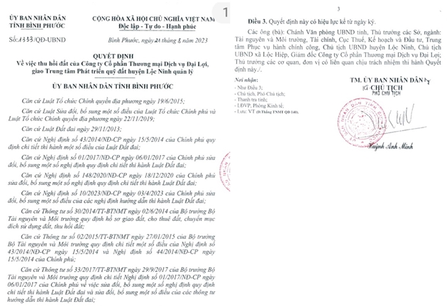 B&igrave;nh Phước thu hồi đất của C&ocirc;ng ty Đại Lợi thu&ecirc; từ 2011 đến nay kh&ocirc;ng triển khai.
