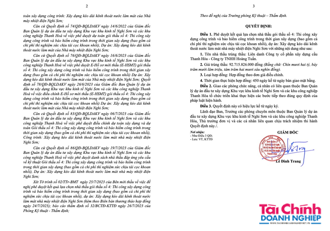C&ocirc;ng ty TNHH Ho&agrave;ng Tuấn được c&ocirc;ng bố tr&uacute;ng G&oacute;i thầu số 4: Thi c&ocirc;ng x&acirc;y dựng c&ocirc;ng tr&igrave;nh v&agrave; bảo hiểm c&ocirc;ng tr&igrave;nh trong thời gian x&acirc;y dựng bao gồm cả chi ph&iacute; th&iacute; nghiệm sức chịu tải cọc khoan nhồi do Ban Quản l&yacute; dự &aacute;n đầu tư x&acirc;y dựng Khu vực Khu kinh tế Nghi Sơn v&agrave; c&aacute;c Khu c&ocirc;ng Nghiệp Thanh H&oacute;a l&agrave;m chủ đầu tư.