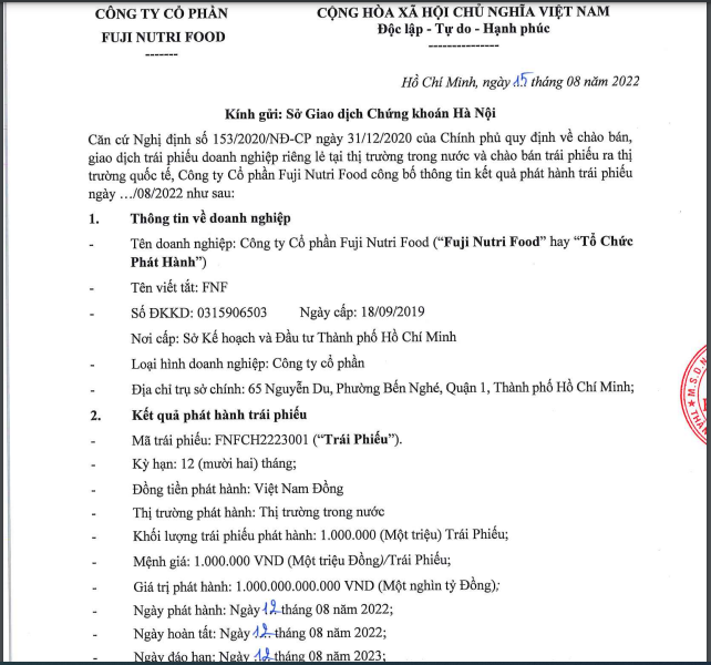 Th&ocirc;ng tin l&ocirc; tr&aacute;i phiếu 1.000 tỷ đồng của CTCP Fuji Nutri Food.