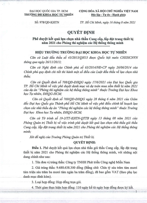Quyết định ph&ecirc; duyệt kết quả lựa chọn nh&agrave; thầu Cung cấp, lắp đặt trang thiết bị năm 2021 cho Ph&ograve;ng th&igrave; nghiệm c&aacute;c Hệ thống th&ocirc;ng minh cho C&ocirc;ng ty TNHH Ph&aacute;t triển C&ocirc;ng nghệ Miền Nam tr&uacute;ng thầu