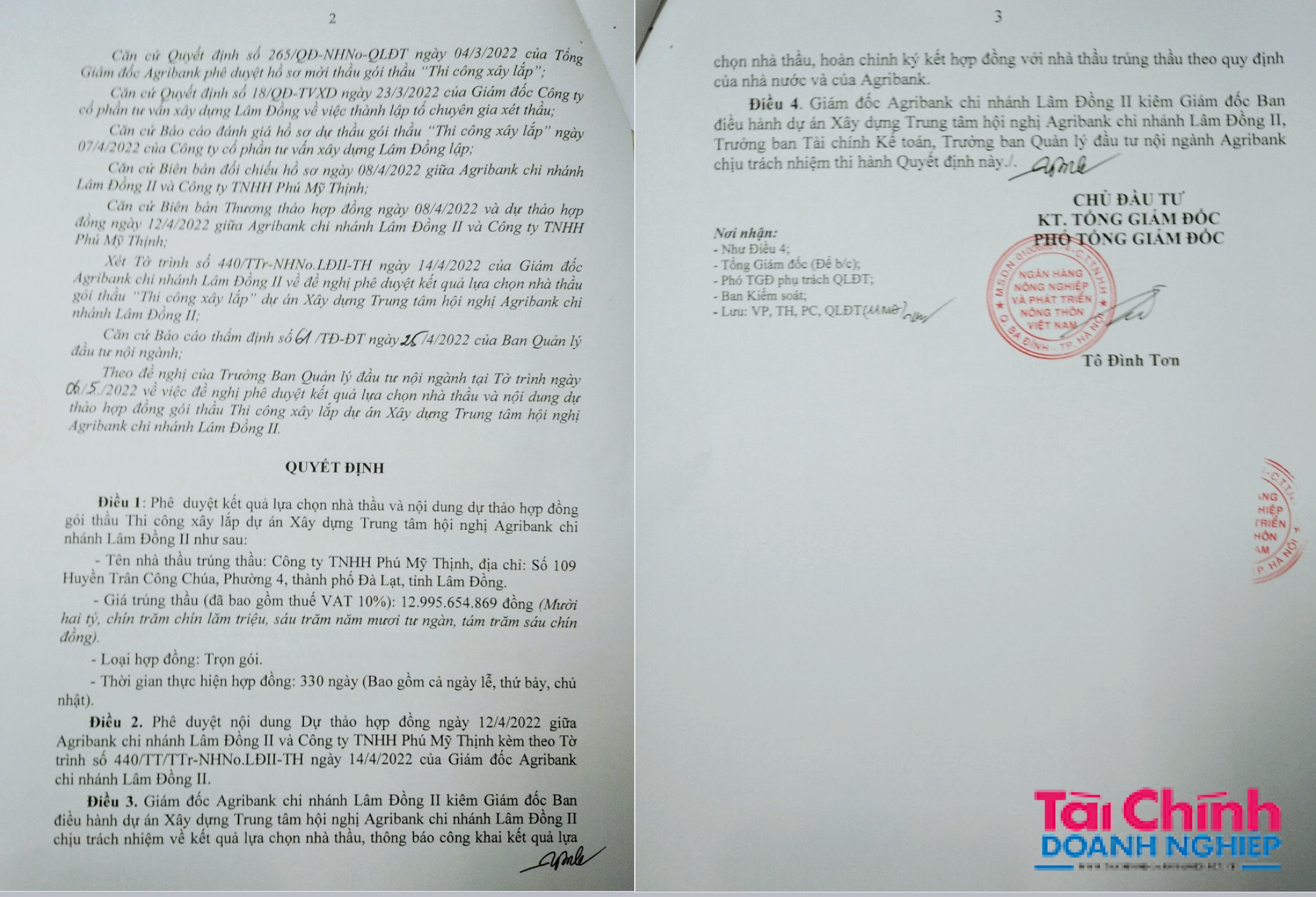 &Ocirc;ng T&ocirc; Đ&igrave;nh Tơn - Ph&oacute; Tổng gi&aacute;m đốc Ng&acirc;n h&agrave;ng Agribank k&yacute; ph&ecirc; duyệt C&ocirc;ng ty TNHH Ph&uacute; Mỹ Thịnh tr&uacute;ng thầu tại quyết định số 888, ng&agrave;y 11/5/2022.