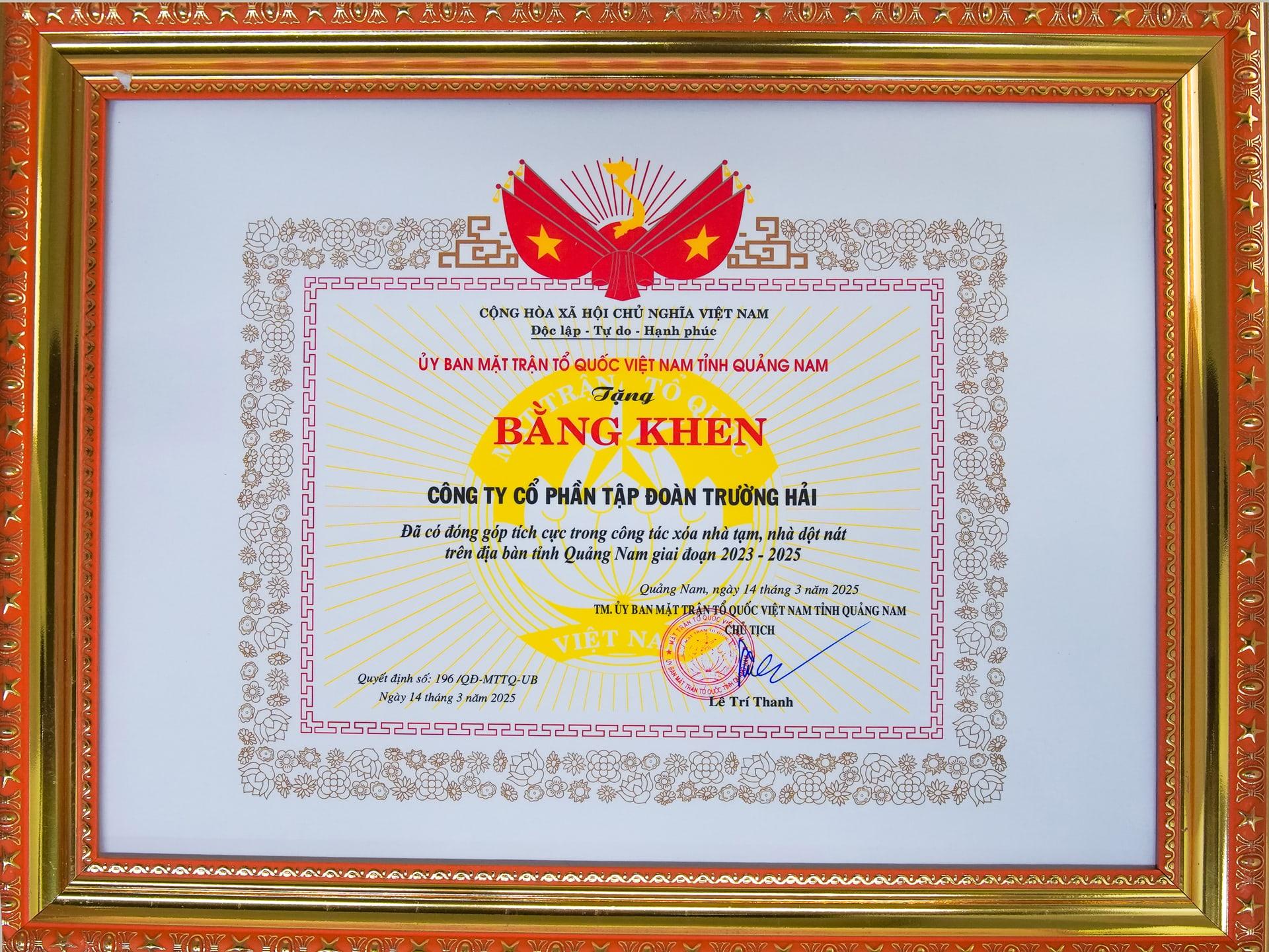 Bằng khen của Ủy ban Mặt trận tổ quốc Việt Nam tỉnh Quảng Nam trao tặng THACO.