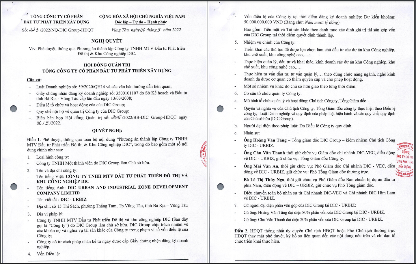 Nghị quyết về việc th&agrave;nh lập DIC Urbiz của DIC Corp