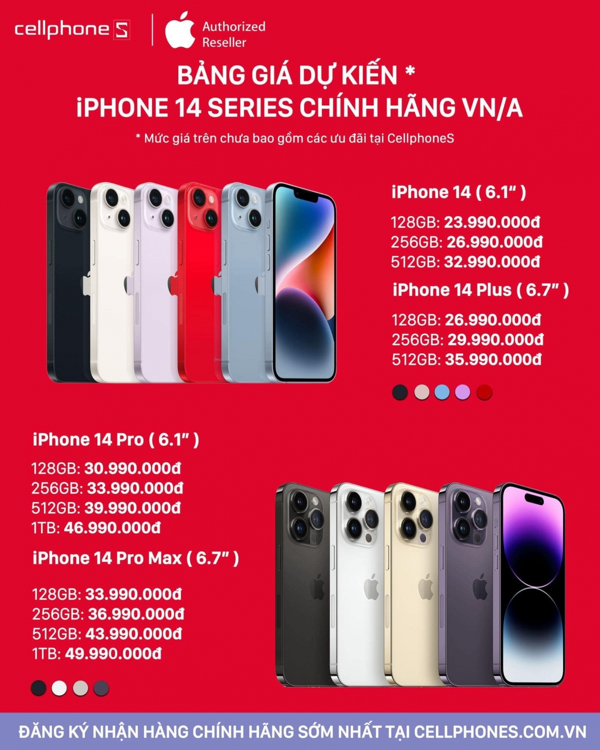 Gi&aacute; b&aacute;n dự kiến iPhone 14 ch&iacute;nh h&atilde;ng tại CellphoneS.