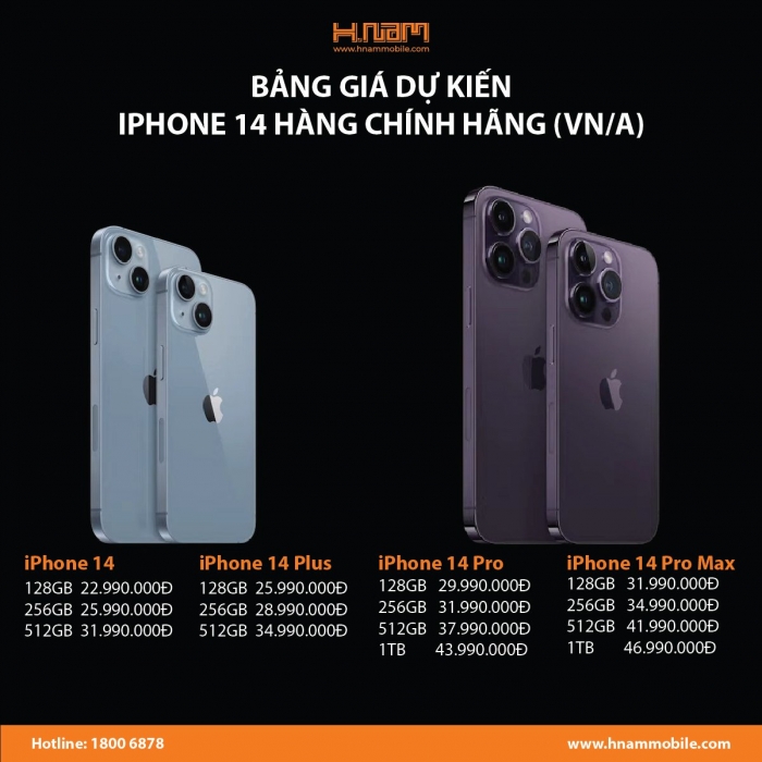 Gi&aacute; b&aacute;n dự kiến iPhone 14 ch&iacute;nh h&atilde;ng tại&nbsp;HNam Mobile.