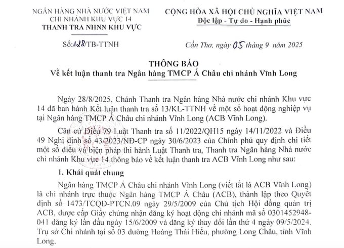 Thanh tra ph&#225;t hiện tồn tại c&#244;ng t&#225;c thẩm định, vay vốn; nợ xấu tại ACB Vĩnh Long - Ảnh 1