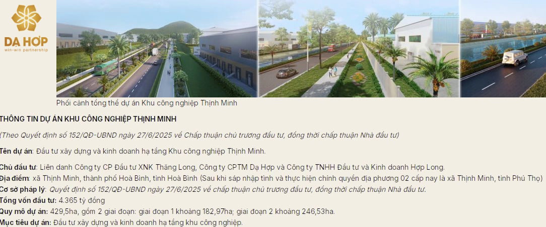 Th&ocirc;ng tin về dự &aacute;n Cụm c&ocirc;ng nghiệp Thịnh Minh 1.