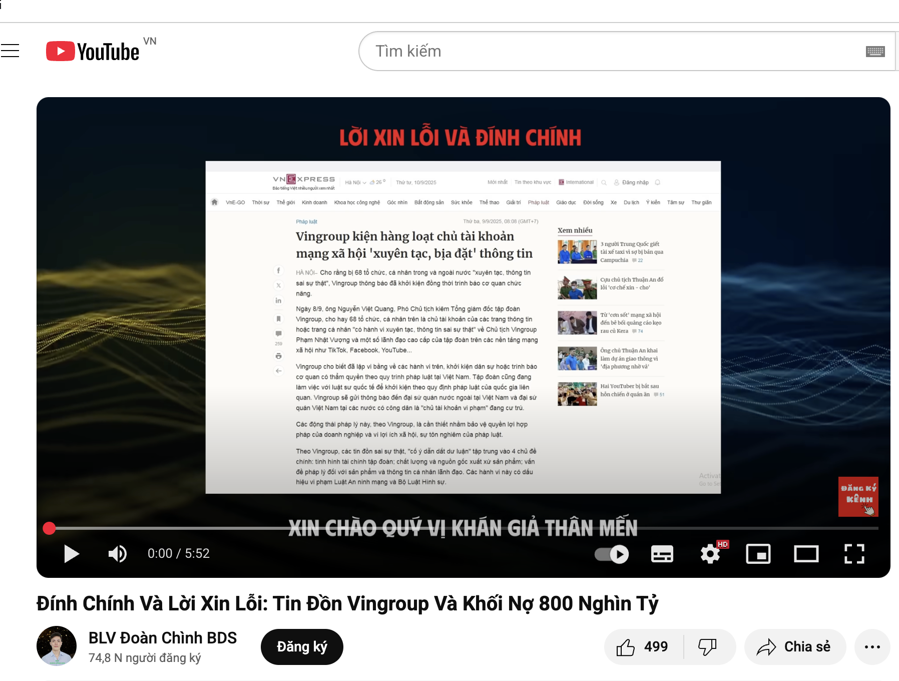 YouTuber BLV Đo&agrave;n Ch&igrave;nh BDS đăng video xin lỗi. (Ảnh chụp m&agrave;n h&igrave;nh).