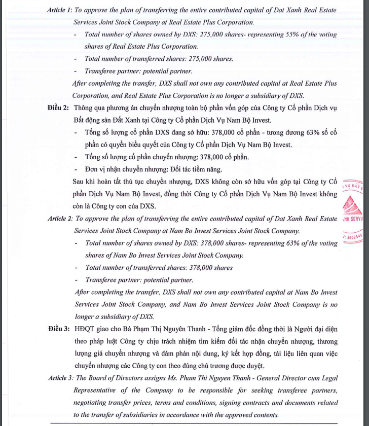 Nghị quyết của Đất Xanh Sevices về việc tho&aacute;i vốn tại 2 c&ocirc;ng ty con.