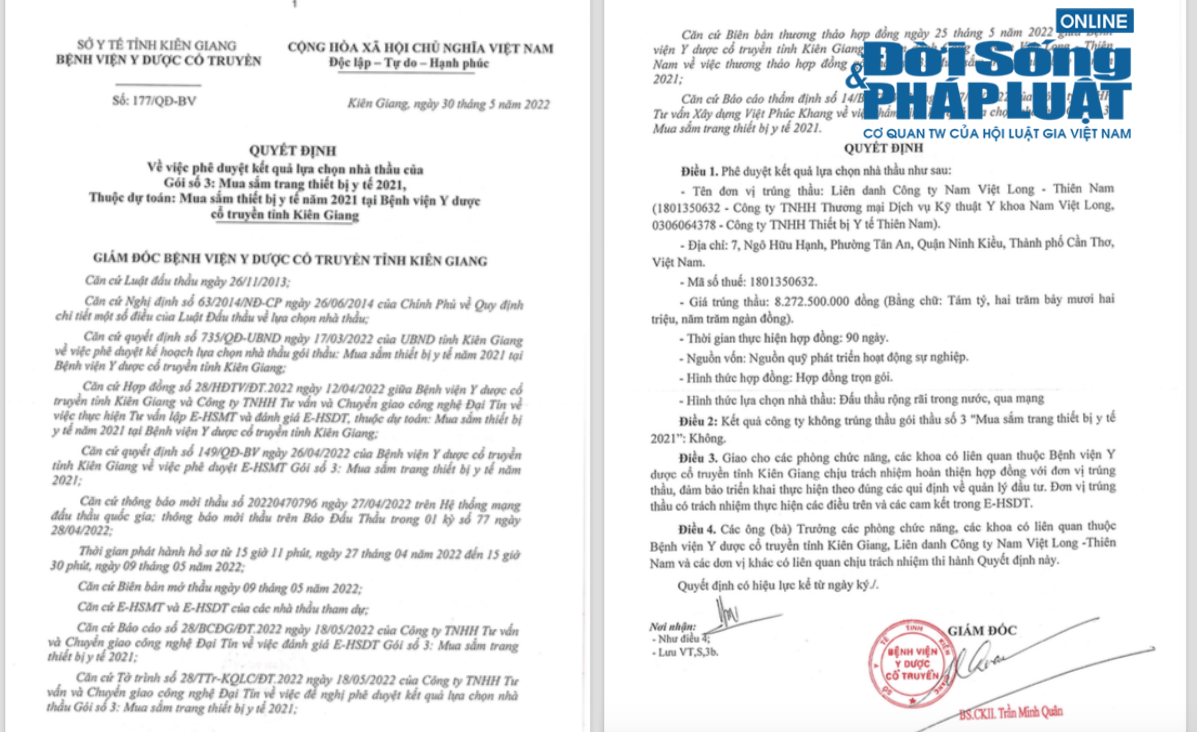 &Ocirc;ng&nbsp;Trần Minh Qu&acirc;n&nbsp;-&nbsp;Gi&aacute;m đốc&nbsp;bệnh viện Y dược cổ truyền tỉnh Ki&ecirc;n Giang&nbsp;k&yacute; quyết định&nbsp;ph&ecirc; duyệt kết quả lựa chọn nh&agrave; thầu. &nbsp;