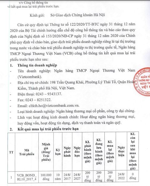 Th&aacute;ng 8/2022, Ng&acirc;n h&agrave;ng Vietcombank mua lại hơn 2.000 tỷ đồng tr&aacute;i phiếu trước hạn (nguồn: HNX)