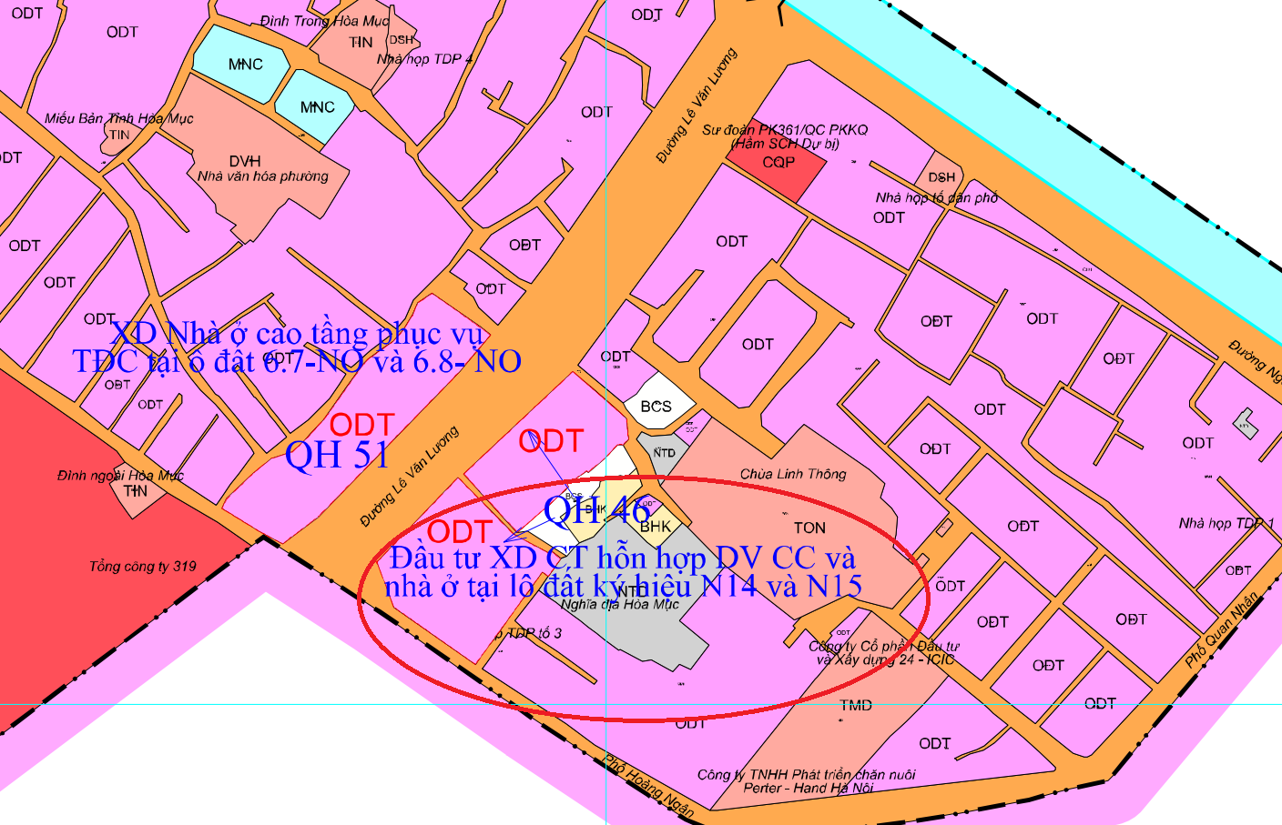 Vị tr&iacute; khu đất dự &aacute;n N14, N15 nằm tại &ocirc; quy hoạch c&oacute; k&yacute; hiệu QH 46 tr&ecirc;n đường L&ecirc; Văn Lương. Ảnh chụp m&agrave;n h&igrave;nh bản đồ quy hoạch quận Cầu Giấy năm 2021 - 2030.